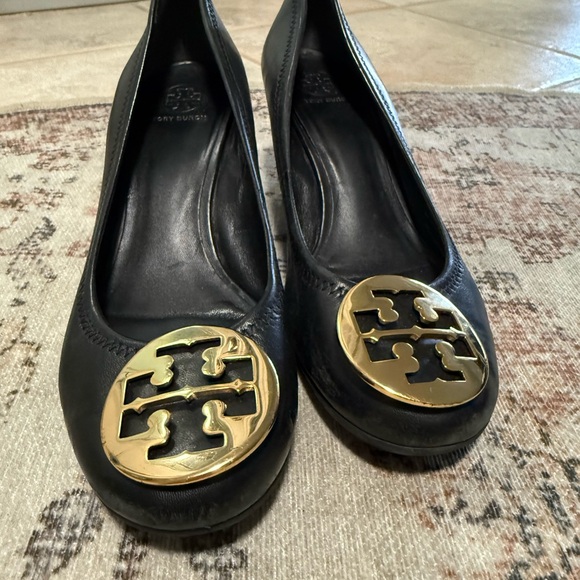 Tory Burch Shoes - Tory Burch Black Leather Flats with Gold Logo Medallions